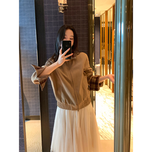 纹拼接立领夹克女复古廓形工装 巴恩风格 短外套 格纹协奏 pusumede