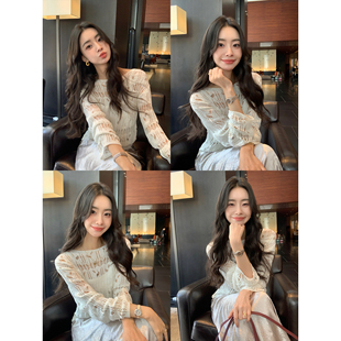 女慵懒宽松外搭长袖 小船领镂空针织罩衫 上衣 涟漪织梦 pusumede