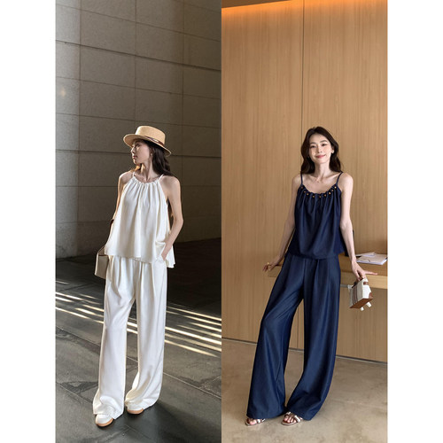 pusumede挂脖吊带背心女外穿无袖系带独特别致上衣阔腿休闲裤套装