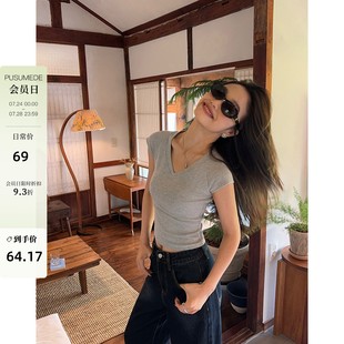 黑色V领针织短袖 气质修身 pusumede T恤女夏季 上衣 显瘦短款 小飞袖
