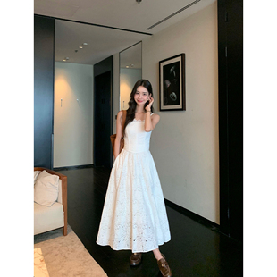 pusumede 重工蕾丝花边连衣裙女后背绑带束腰礼裙吊带裙 馥蕾白茶