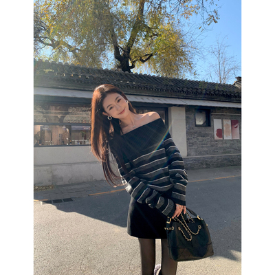 pusumede 温柔锁骨 慵懒一字领露肩毛衣女宽松气质套头针织衫上衣