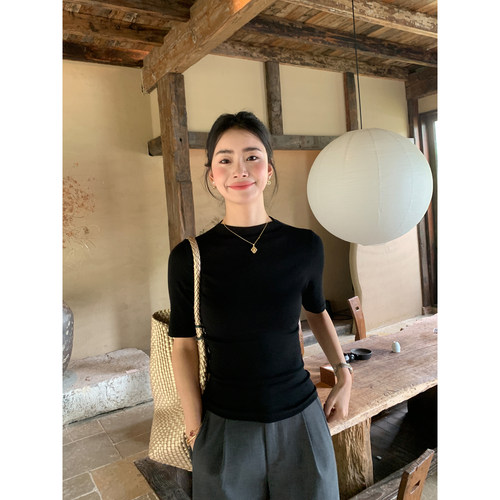 pusumede 设计感半高领针织中袖打底衫女修身T恤五分袖正肩上衣
