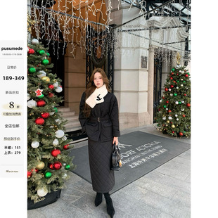 pusumede 融冬滤镜 气质菱格收腰短款棉服外套女后开叉半身裙套装