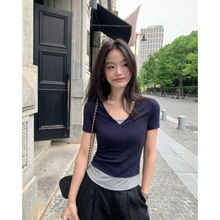 pusumede全员爱住 气质休闲v领针织正肩上衣 假两件t恤女短袖 修身