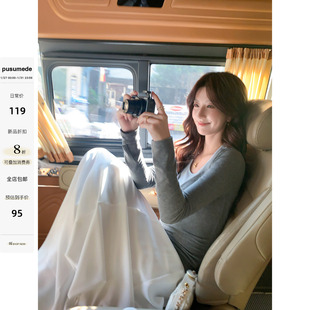 pusumede 时光交叠 撞色假两件针织T恤女设计感挂脖修身长袖上衣