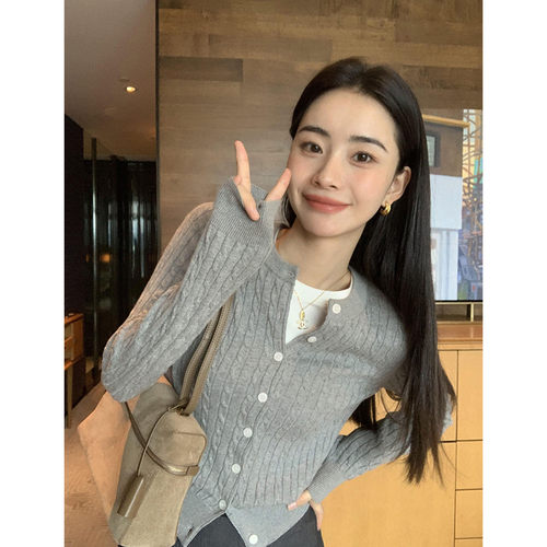 灰色麻花针织开衫女修身上衣