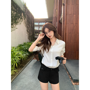 百搭a字热裤 pusumede 女烟管直筒修身 黑色低腰休闲短裤 自在周末