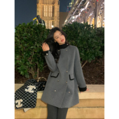 pusumede 现货7.5折 高级感撞色毛呢外套女宽松羊毛双面呢大衣