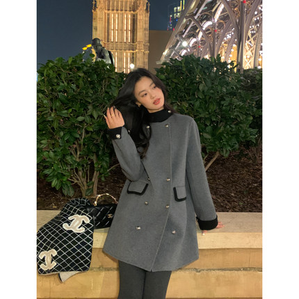 pusumede高级感撞色毛呢外套女立领设计感宽松气质羊毛双面呢大衣