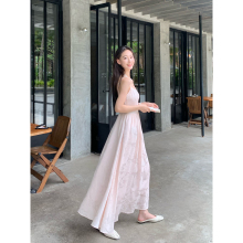 pusumede 晨曦雾粉 高级感提花吊带连衣裙女法式气质收腰a字长裙