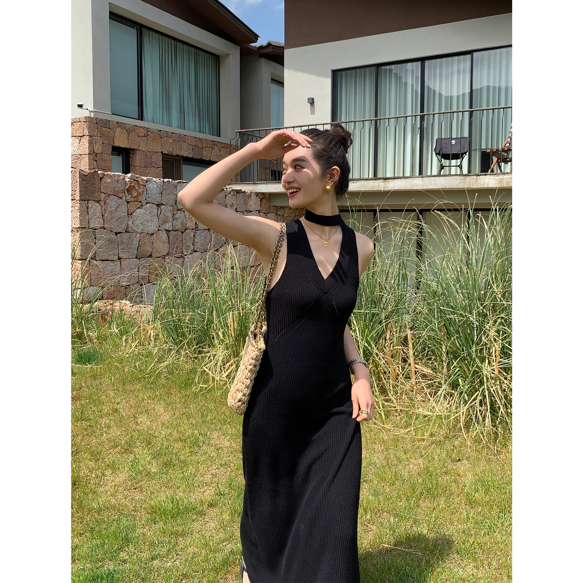 pusumede【现货7.5折】 V领针织背心连衣裙女修身高级感长裙,女装/女士精品,连衣裙,淘宝优惠券,粉丝福利购,淘宝优惠卷