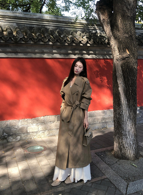 pusumede r0w风格调 经典廓形翻领大衣女气质收腰中长款风衣外套