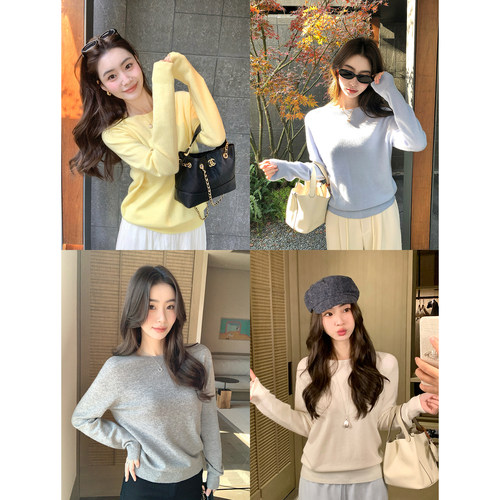 pusumede 质感系列 1OO羊毛圆领针织衫女基础款宽松休闲打底毛衣