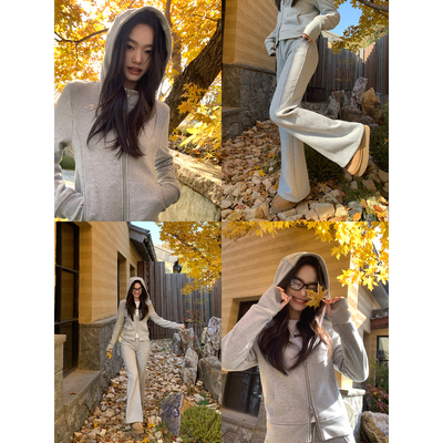 pusumede 极简运动风 修身连帽卫衣开衫女加绒显瘦休闲微喇裤套装