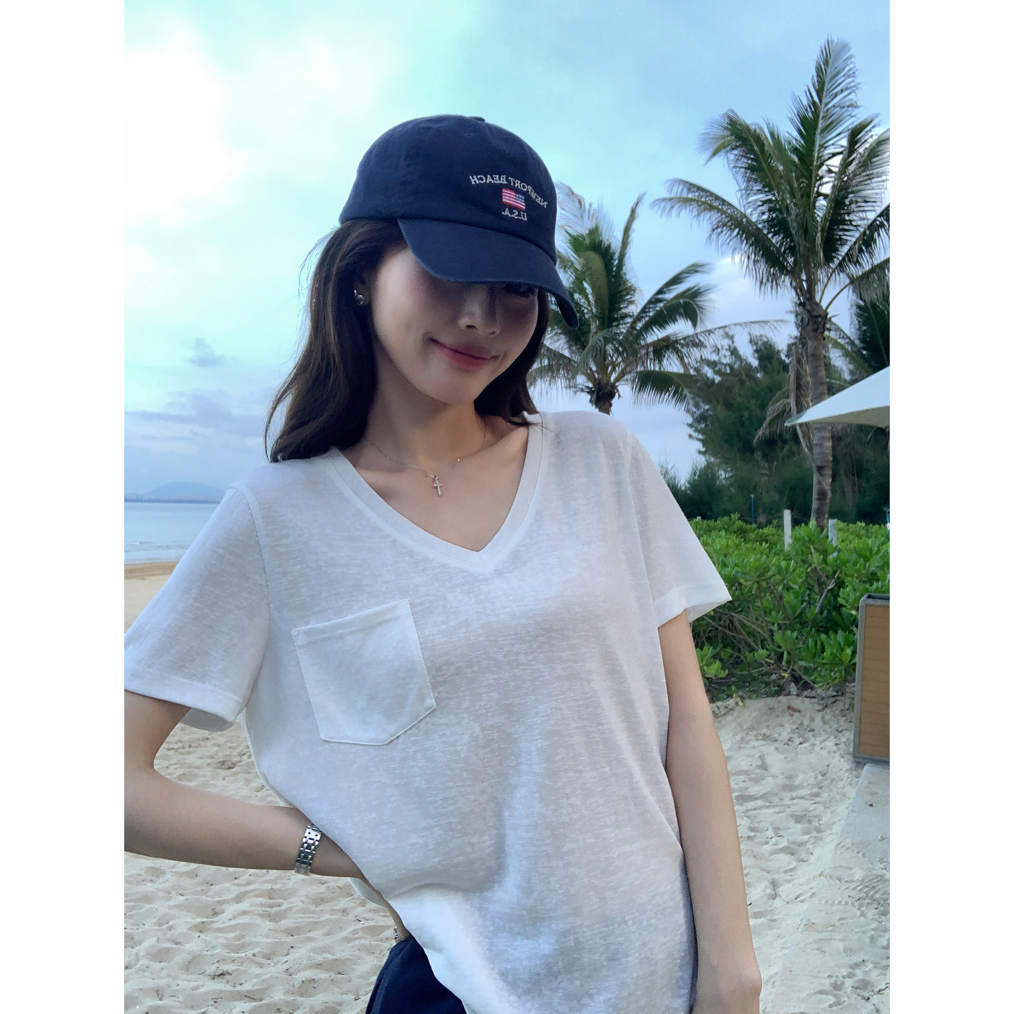 pusumede 轻松一夏 口袋v领短袖t恤女宽松百搭随性简约正肩上衣