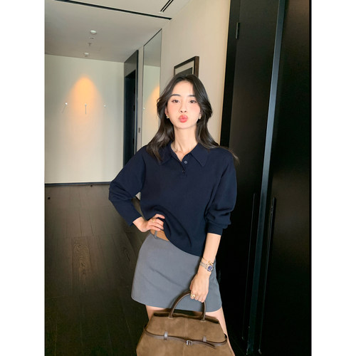 pusumede 慵懒基因 polo领套头毛衣女春秋宽松慵懒长袖针织衫上衣