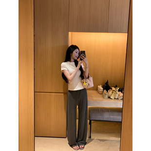 女宽松垂感拖地直筒长裤 灰色宽腰头阔腿休闲裤 遛弯神裤 pusumede