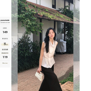 女绑带收腰小衫 pusumede 背心衬衫 荡领无袖 高级感上衣 高智感天菜