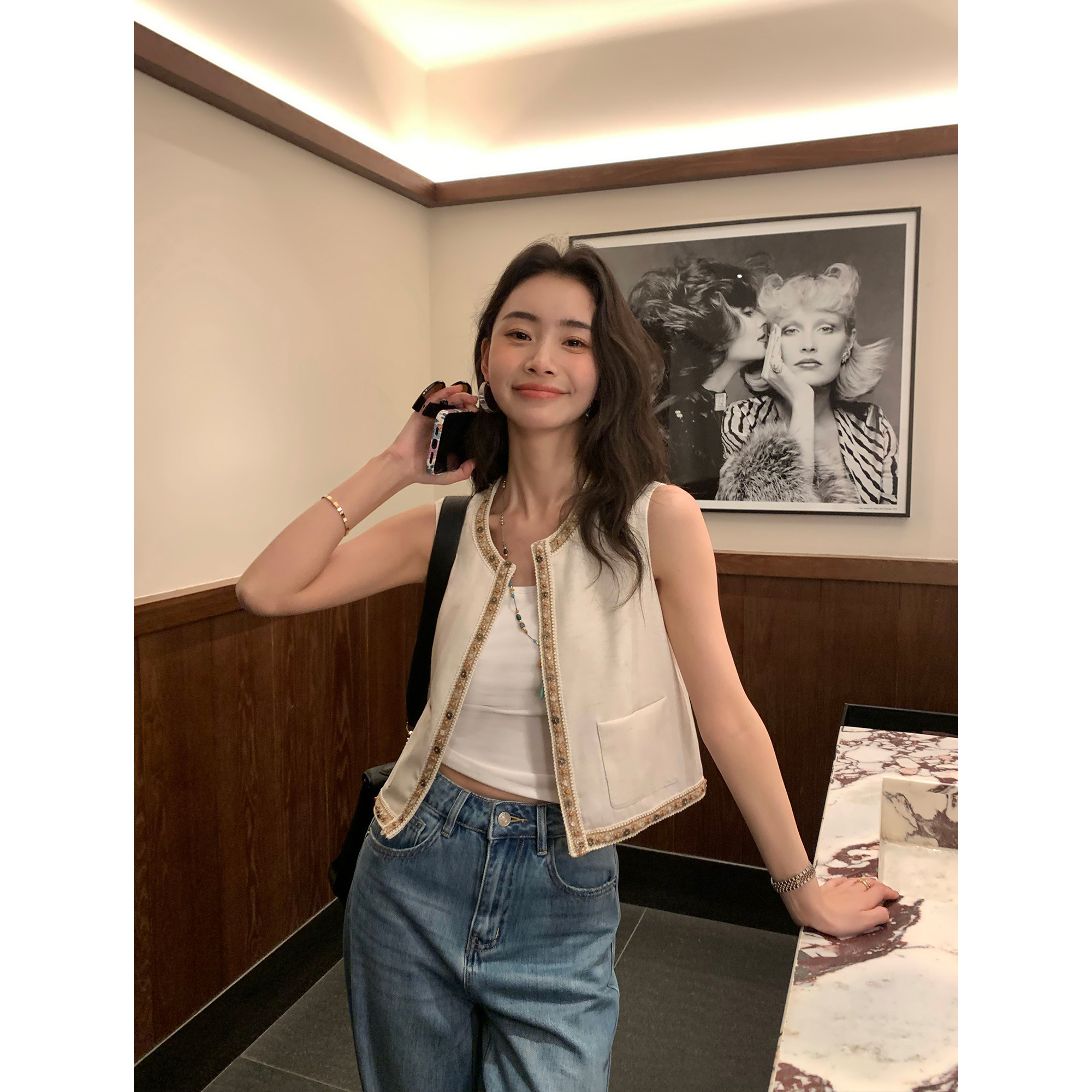 pusumede 波西米亚风编织肌理马甲女复古圆领马夹设计感小众上衣