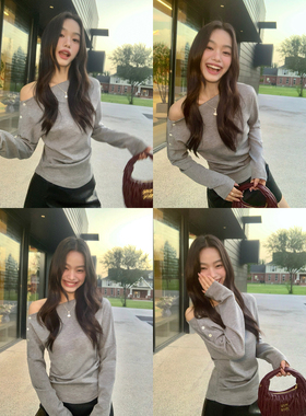 pusumede 时髦出圈 斜肩抽褶斜领上衣女纽扣设计感露肩长袖T恤