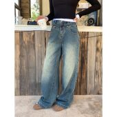 现货5.5折 复古阔腿牛仔裤 女高腰拖地长裤 pusumede 宽松直筒裤