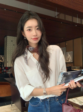 pusumede r0w风高智 经典白色polo领七分袖衬衫女宽松长袖衬衣