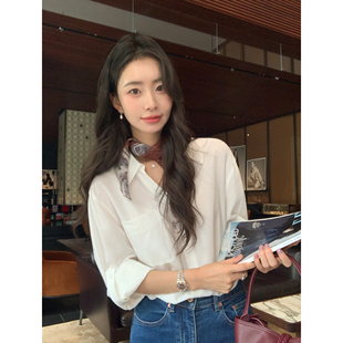 row风高智 女宽松长袖 经典 衬衫 衬衣 白色polo领七分袖 pusumede