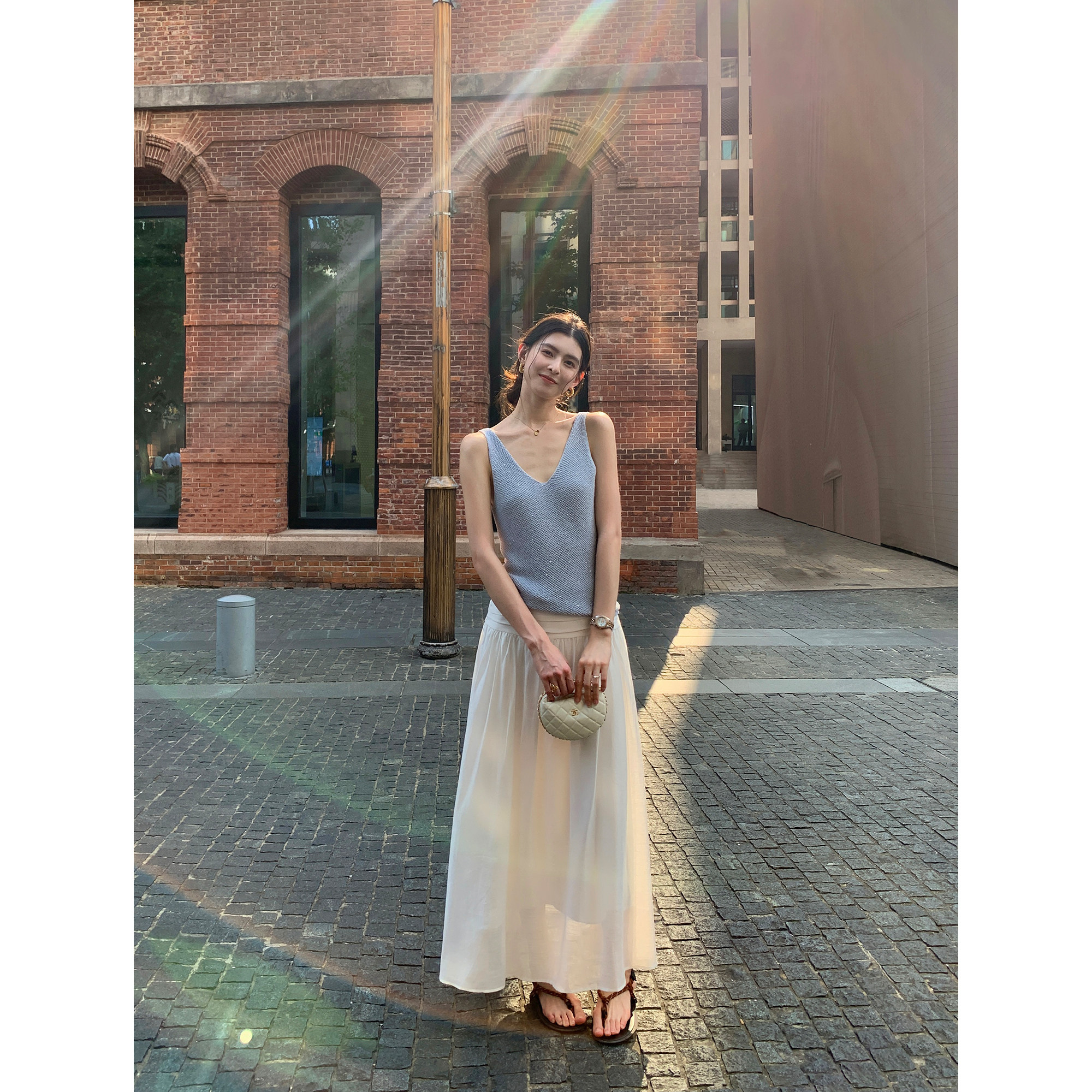 pusumede【现货7折】高腰半身裙女褶皱遮胯宽松a字裙优雅小众长裙