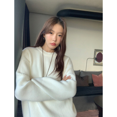 pusumede基础圆领毛衣女秋冬新款加厚百搭宽松慵懒风气质针织上衣