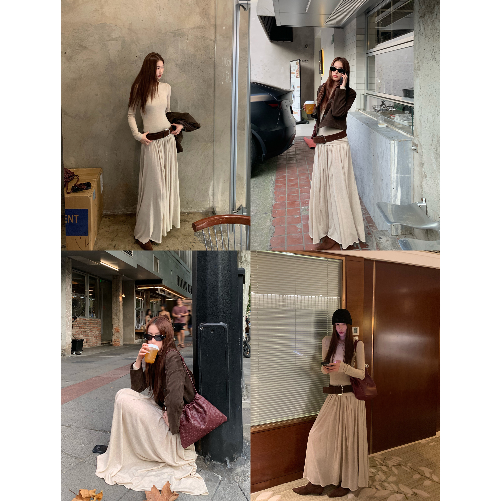 pusumede 慵懒假期 圆领长袖针织衫修身上衣女+长款半身裙套装