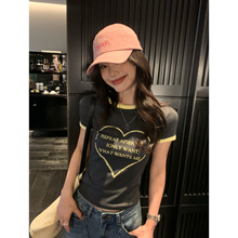 pusumede撞色字母设计感印花短袖t恤女修身短款气质针织正肩上衣