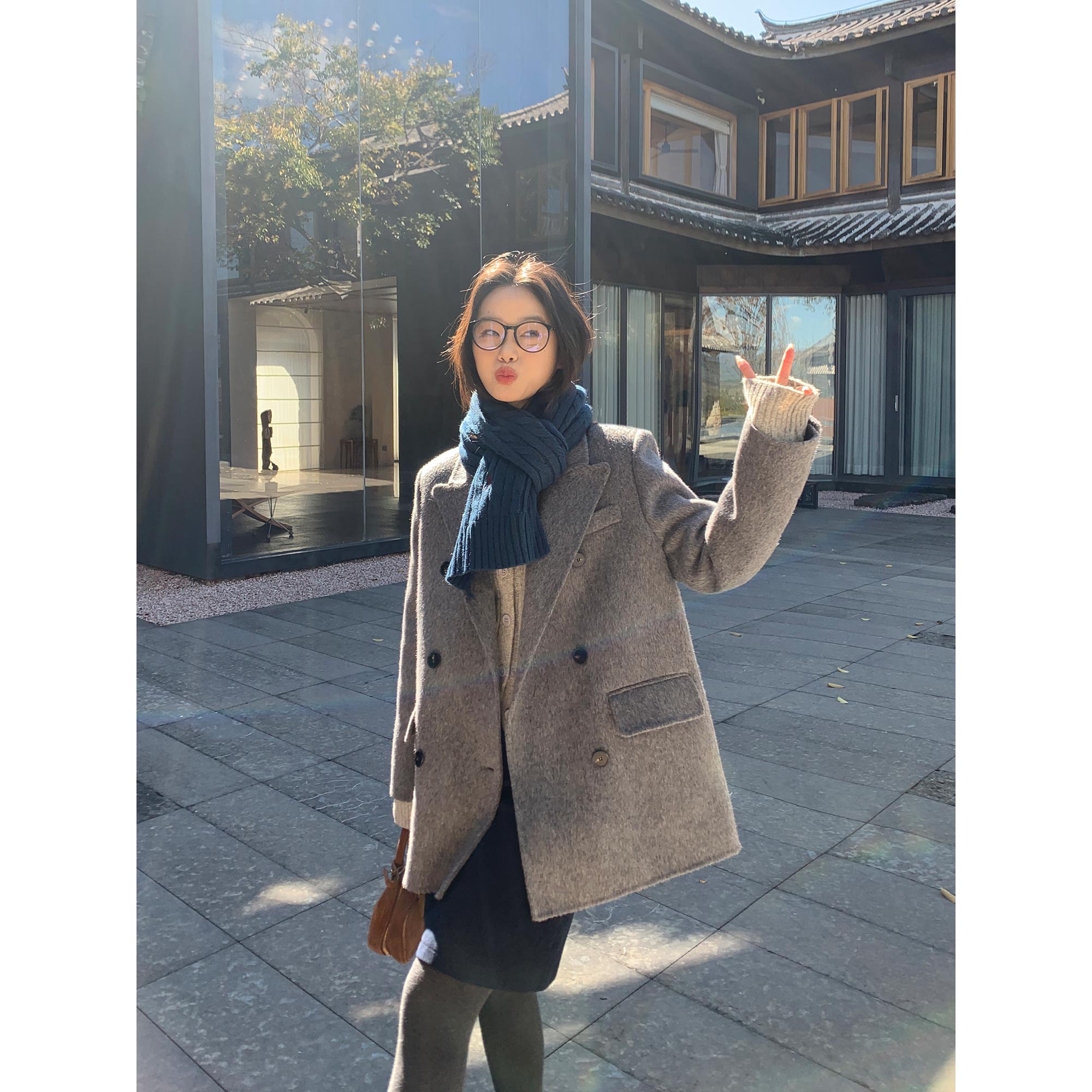 pusumede高级感全羊毛双面呢西装毛呢外套女秋冬新款气质呢子大衣
