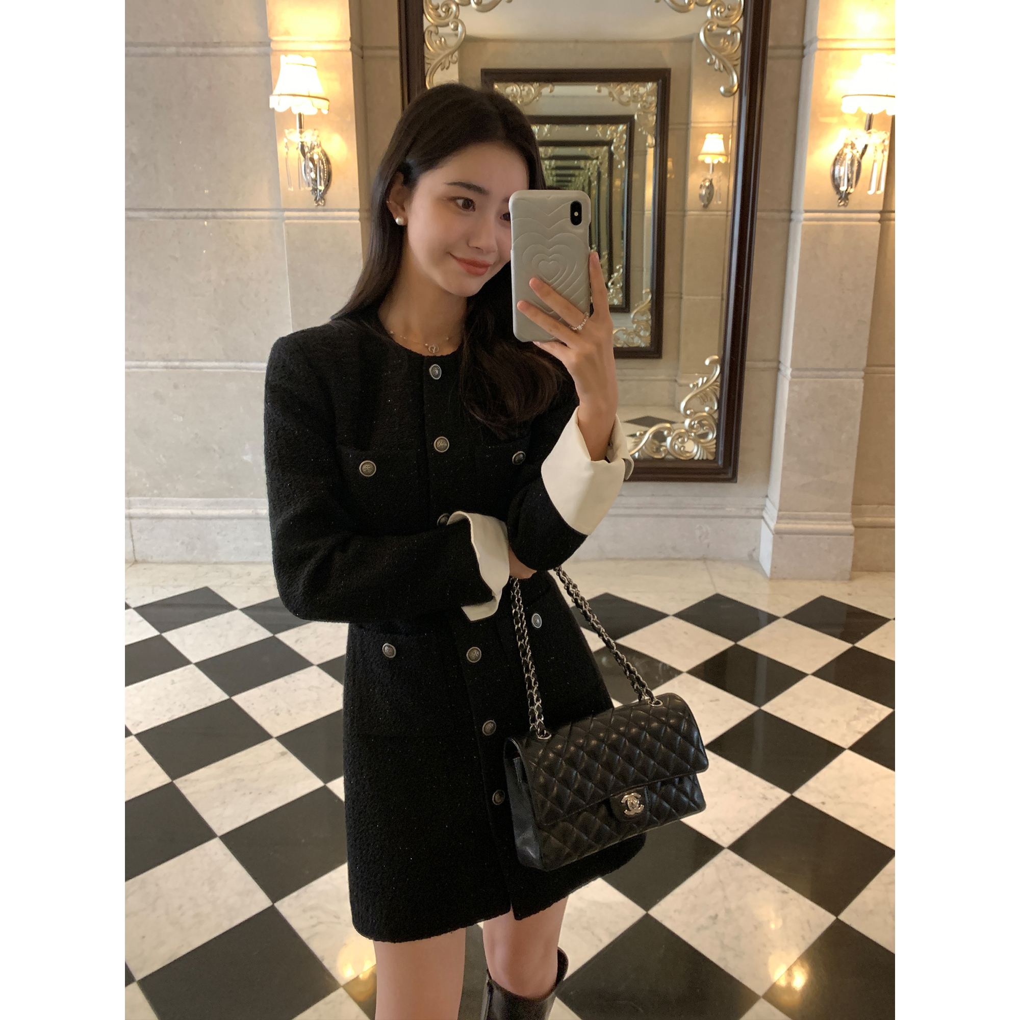 pusumede黑色小香风连衣裙女秋冬2023高级感羊毛短裙气质收腰裙子