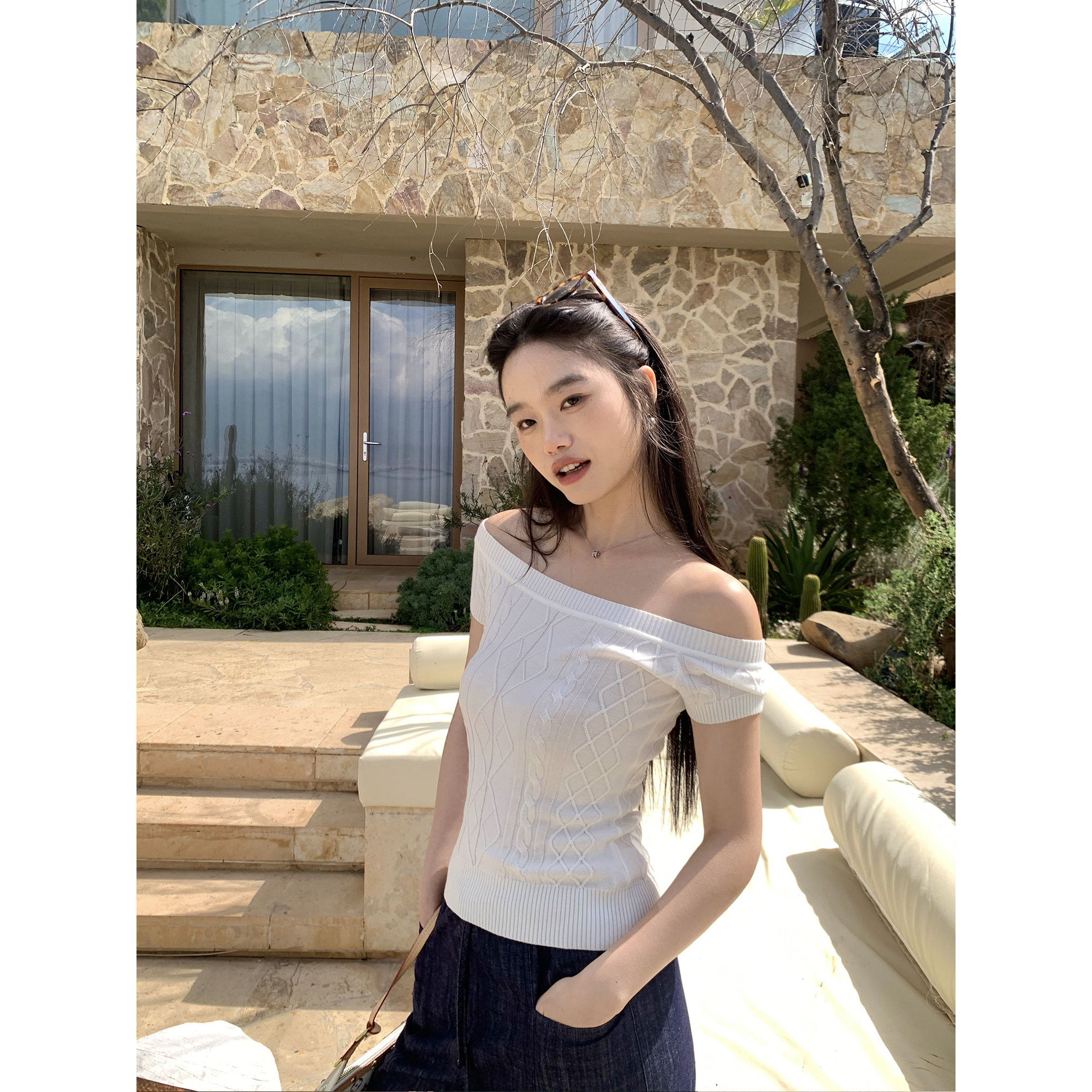 pusumede 极简实穿系 气质一字肩短袖女麻花修身露肩针织衫上衣