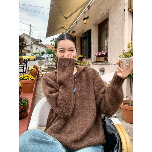 pusumede宽松慵懒高级感毛衣女外穿秋冬休闲连帽套头针织外套上衣