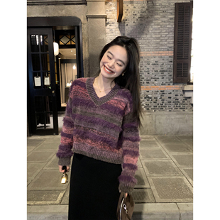 针织上衣 pusumede设计感拼接仿貂毛软糯毛衣女洋气小众宽松短款