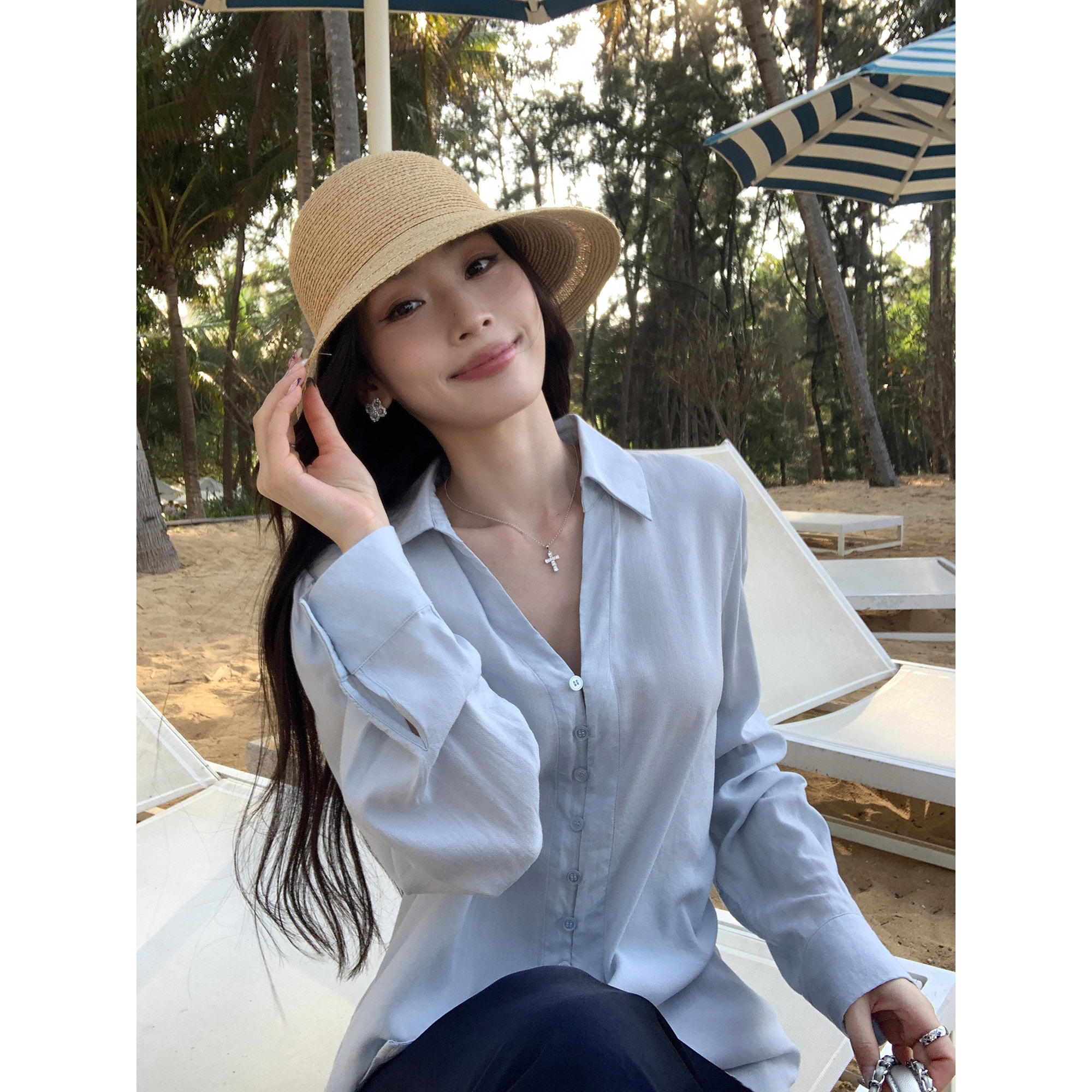 pusumede 栀子清茶 莱赛尔慵懒风V领衬衫女宽松休闲薄款防晒衬衣