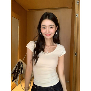 短款 pusumede T恤女弹力修身 v领针织短袖 上衣 现货8.5折