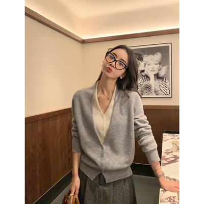 pusumede层次感美学 假两件v领针织开衫女100%全羊毛毛衣外套上衣