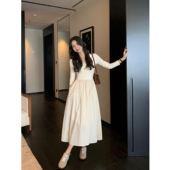 pusumede 气质裙子 收腰显瘦中长款 现货7折 U领针织连衣裙女长袖