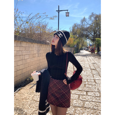 时尚复古高腰格纹半身裙