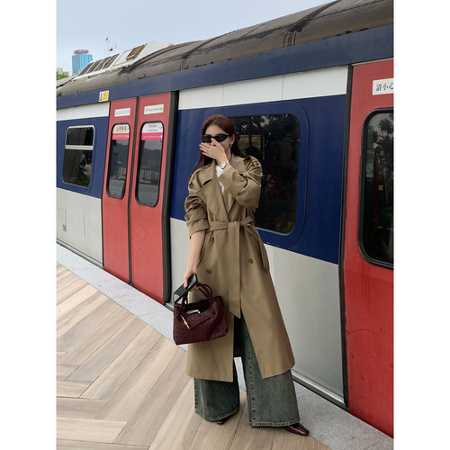 pusumede 高智范本 经典翻领双排扣大衣女高级感收腰长款风衣外套