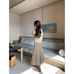 pusumede 悸动茶咖 复古麂皮绒压褶半身裙女垂坠感百褶气质中长裙