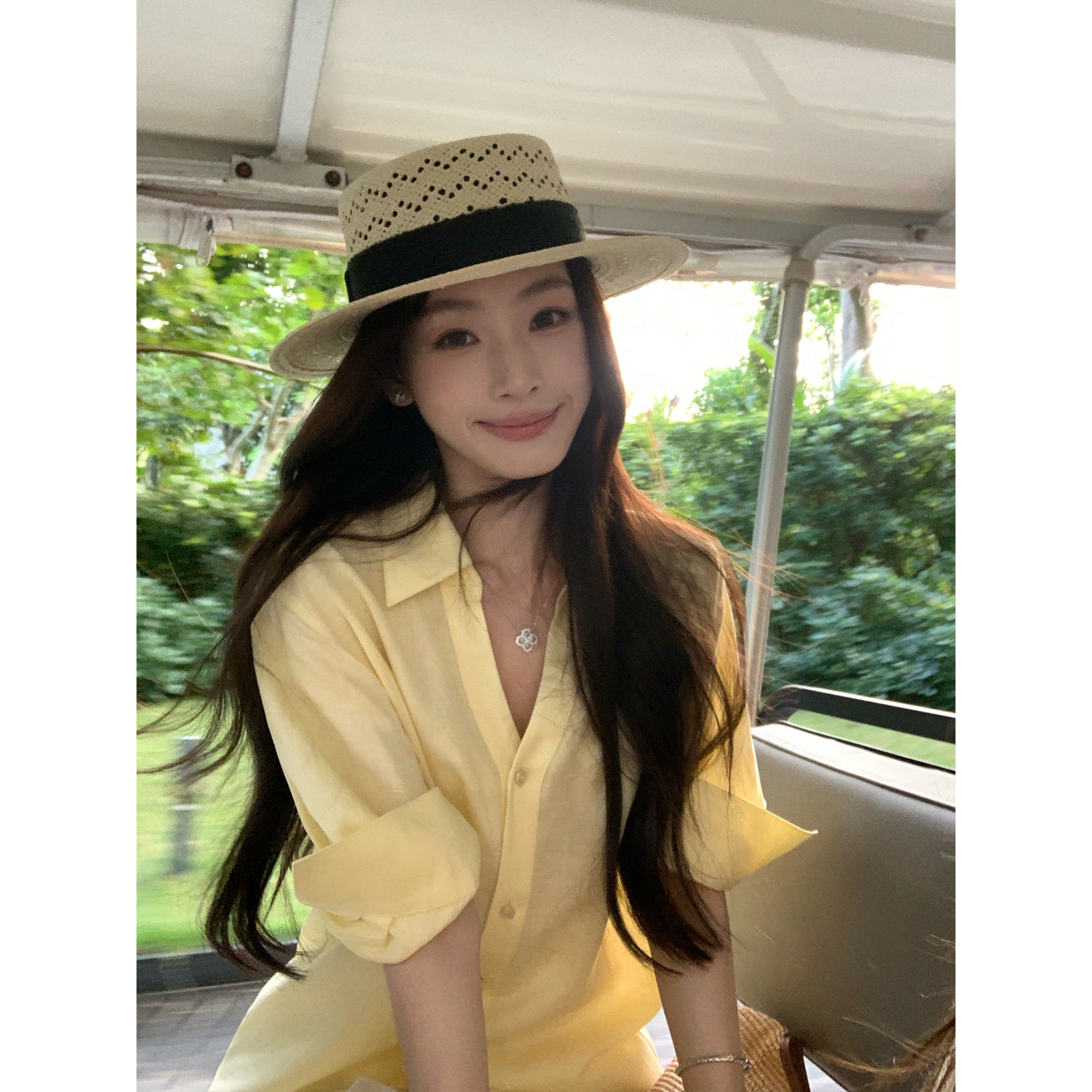 pusumede季风独白 莱赛尔亚麻V领五分袖衬衫女宽松休闲通勤衬衣