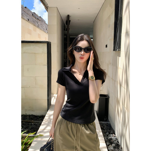 pusumede短袖女v领简约针织上衣
