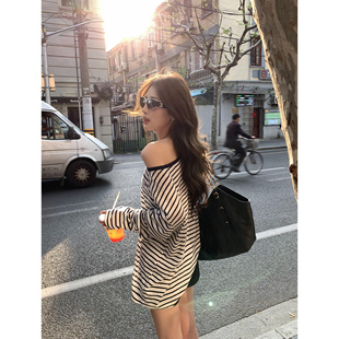 防晒罩衫 pusumede t恤女薄款 斜肩条纹长袖 oversize上衣 松弛系列