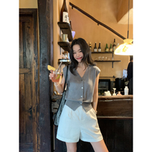 pusumede极简主义~老钱风100%亚麻休闲裤女高腰宽松直筒阔腿短裤