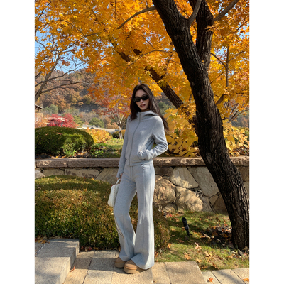 pusumede 极简运动风 修身连帽卫衣开衫女加绒显瘦休闲微喇裤套装