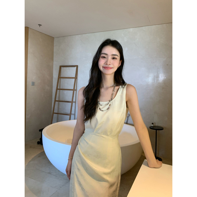pusumede新中式无袖连衣裙女设计感小众绑带背心裙气质提花裙子